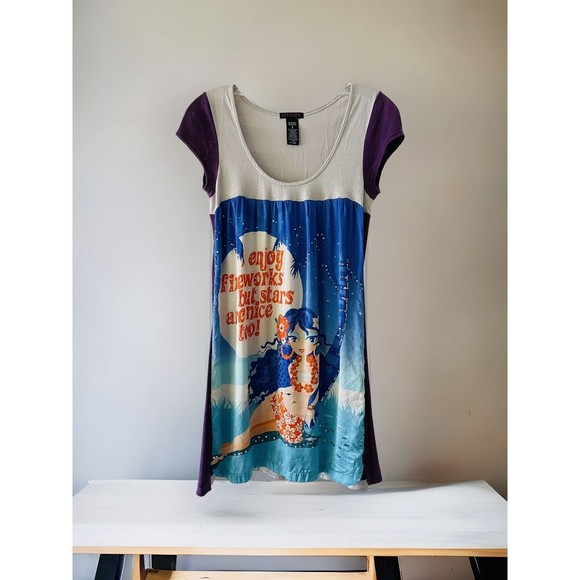 Custo Barcelona Babydoll Silk & Knit Dress Sz 2 Sequin Hawaiian Girl July 4th S - Picture 3 of 6